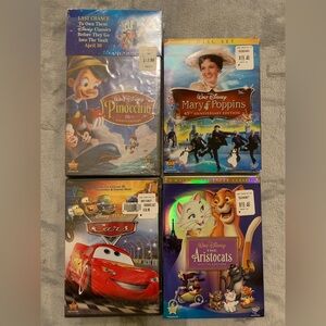 NIP! Lot of 4 Walt Disney DVD Movies Mary Poppins, Aristocats, Cars, & Pinocchio